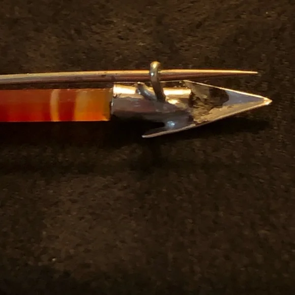 Antique Victorian Scottish Banded Agate Arrow Brooch Chased Sterling Silver 1880